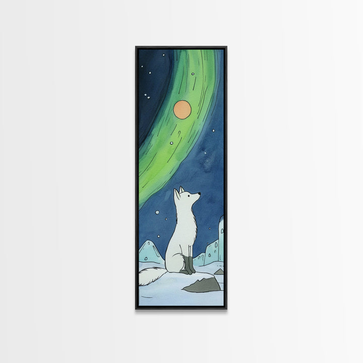 Arctic Fox Under Northern Lights Wall Art, Whimsical Snowy Animal Print, Aurora Nursery Decor, Winter Wildlife Canvas Print