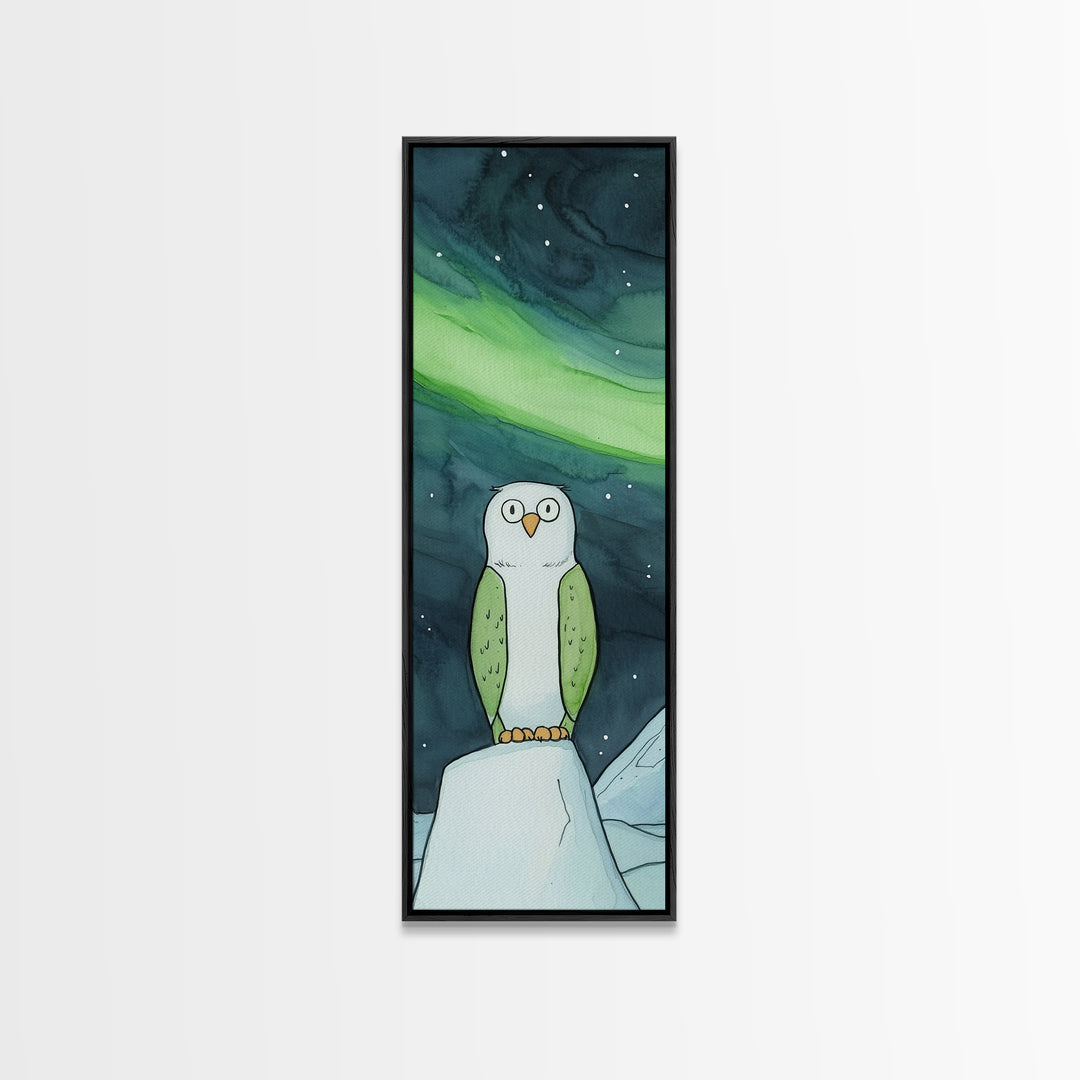 Cute Owl Under Aurora Wall Art, Whimsical Northern Lights Canvas Print, Kids Room Decor, Nursery Animal Art, Winter Gift