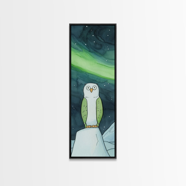 Cute Owl Under Aurora Wall Art, Whimsical Northern Lights Canvas Print, Kids Room Decor, Nursery Animal Art, Winter Gift