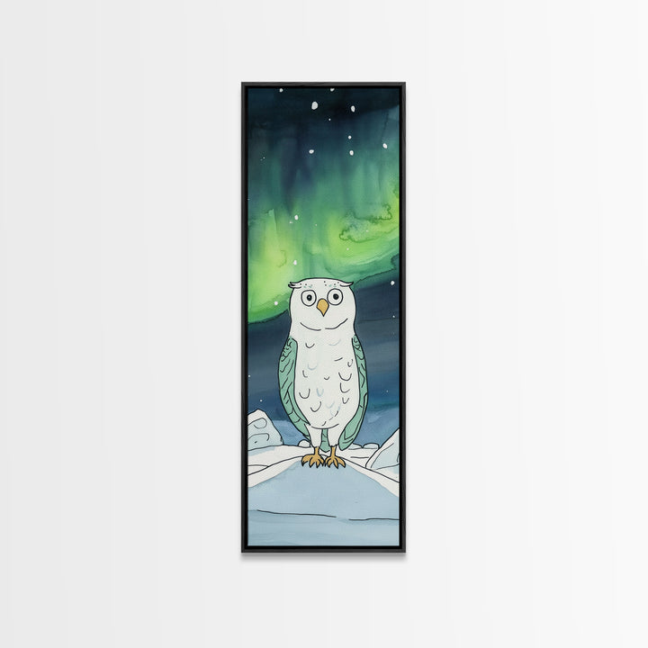 Wide Eyed Owl Beneath Northern Lights Wall Art, Whimsical Bird Print, Aurora Nursery Decor, Celestial Kids Room Art Gift