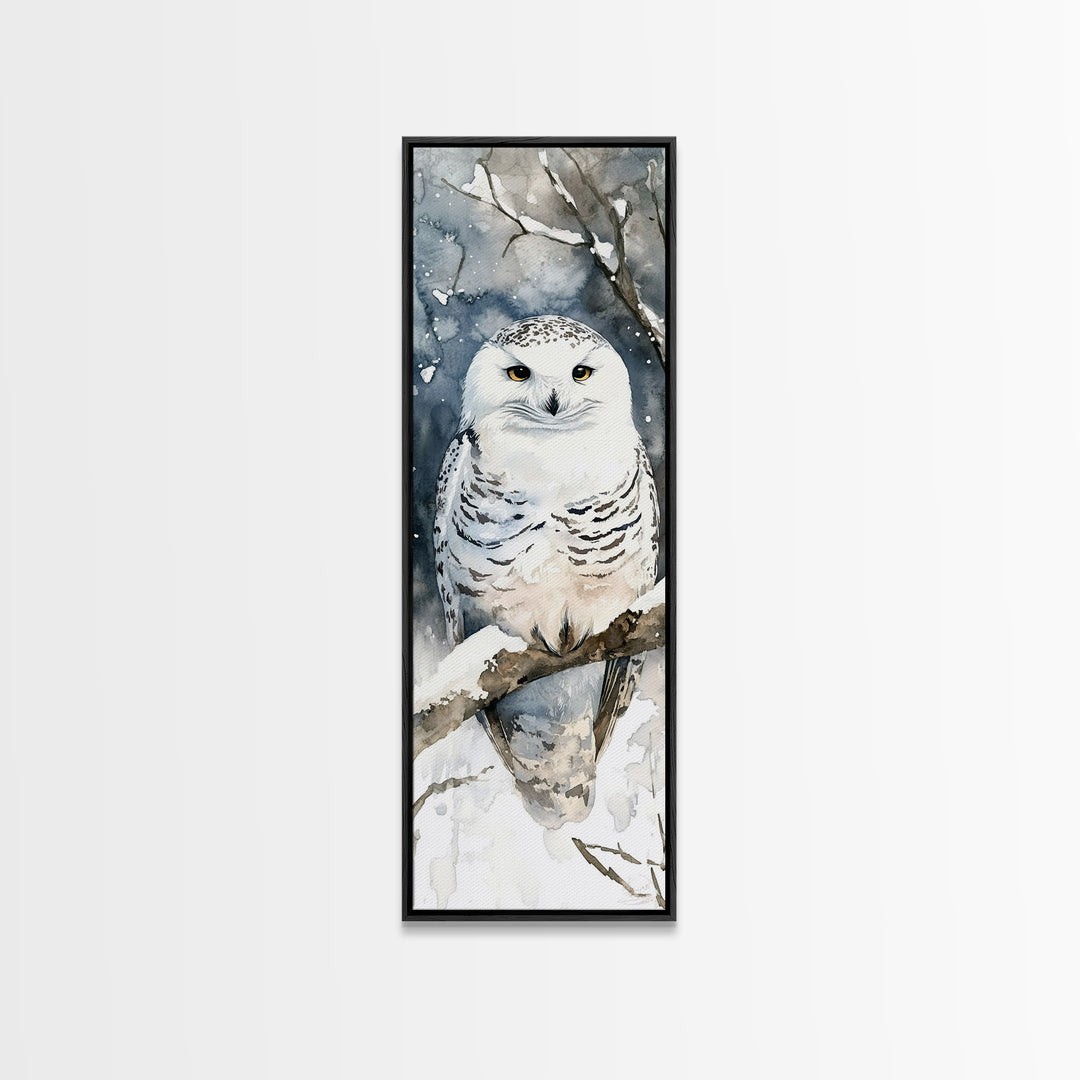 Realistic Snowy Owl In Snowy Forest Framed Canvas Print, Winter Wildlife Art, Nature Wall Decor, Rustic Cabin Decor Gift