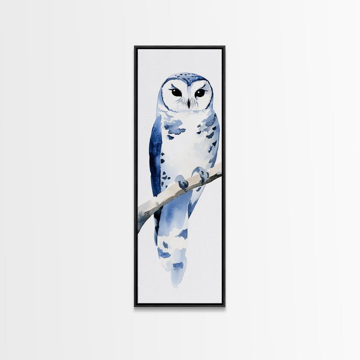 Blue And White Owl On Branch Canvas Print, Minimal Watercolor Bird Art, Nursery Wall Decor, Coastal Blue Bedroom Art Gift