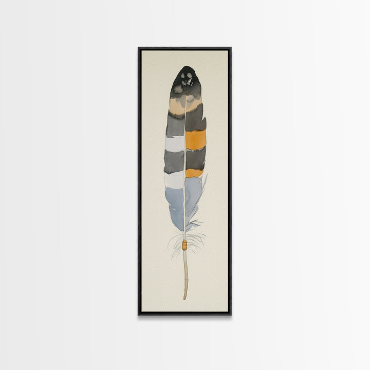 Bold Striped Feather Canvas Print, Watercolor Bird Art, Boho Wall Decor, Neutral Nature Print, Rustic Gallery Wall Gift Idea