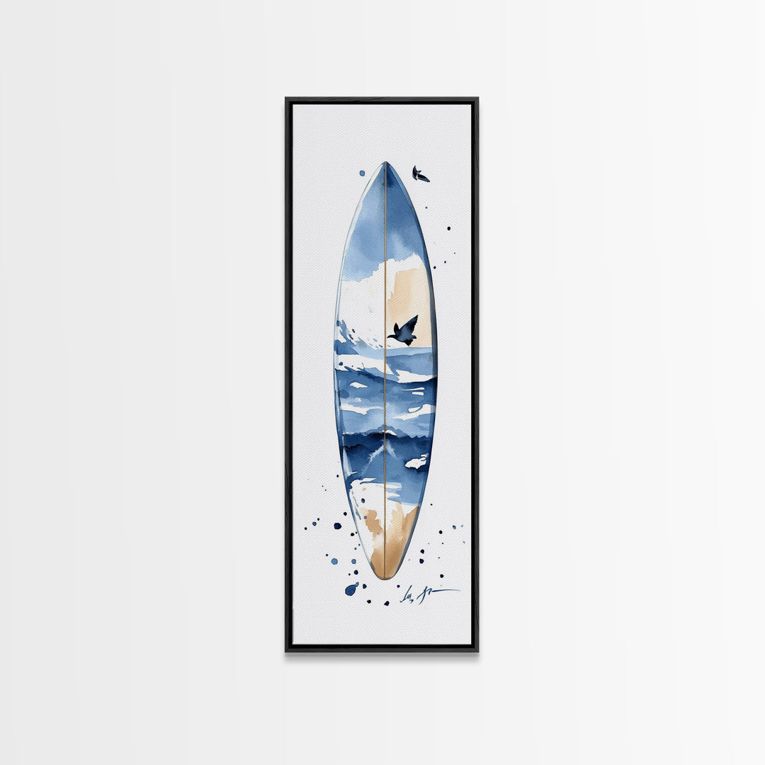 Blue Wave Surfboard With Birds Canvas Print, Coastal Wall Art, Ocean Decor, Beach House Surf Poster, Living Room Art, Modern Coastal Art