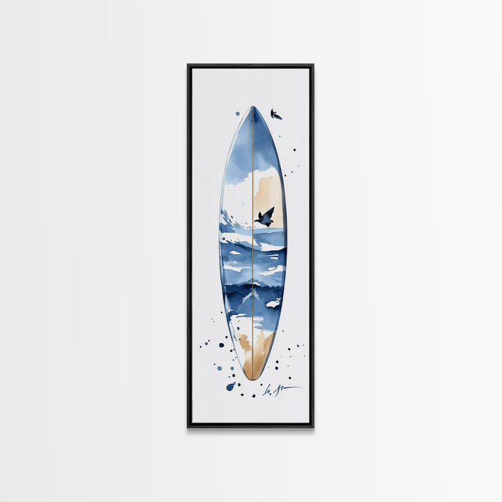 Blue Wave Surfboard With Birds Canvas Print, Coastal Wall Art, Ocean Decor, Beach House Surf Poster, Living Room Art, Modern Coastal Art