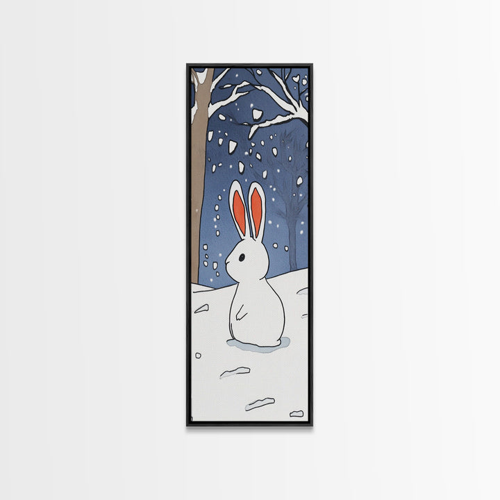 White Bunny In Snowy Forest Wall Art, Whimsical Rabbit Print, Woodland Nursery Decor, Winter Kids Room Wall Decor, Baby Shower Gift