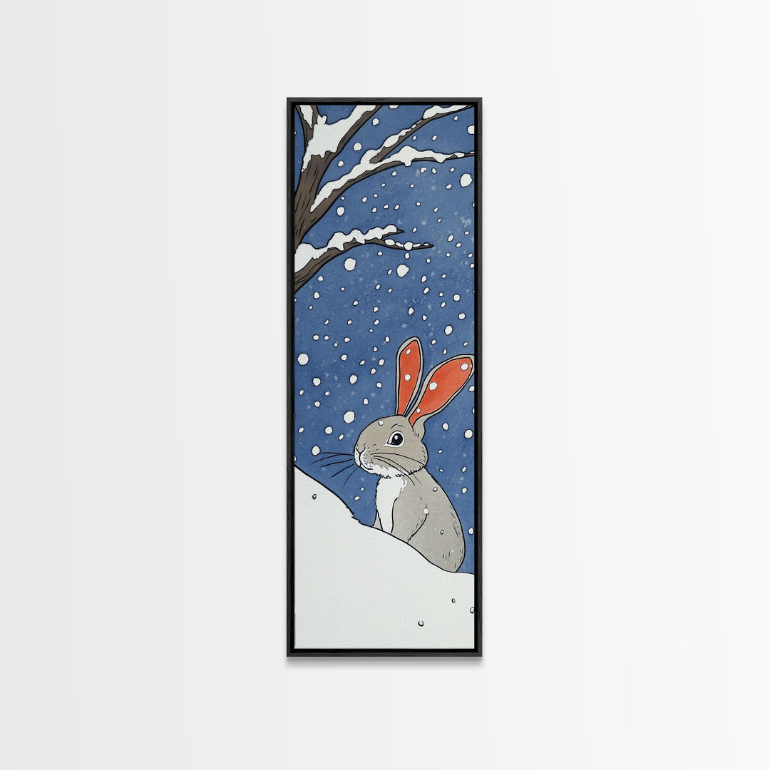 Snow Bunny In Falling Snow Wall Art, Whimsical Rabbit Watercolor Print, Cute Nursery Animal Decor, Winter Kids Room Art