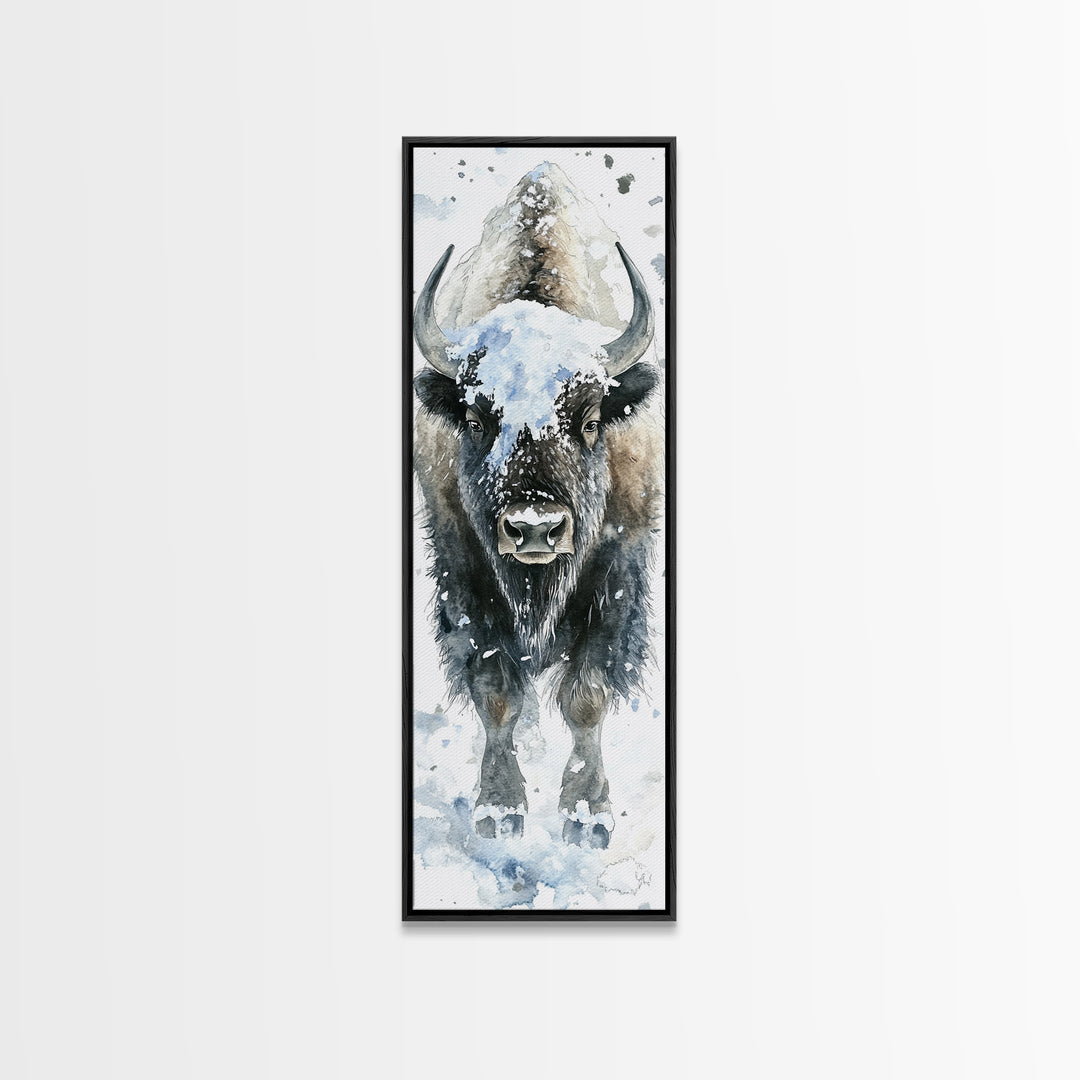 Snowy Bison Portrait Framed Canvas Print, Rustic Wildlife Wall Art, Western Animal Decor, Winter Lodge Housewarming Gift