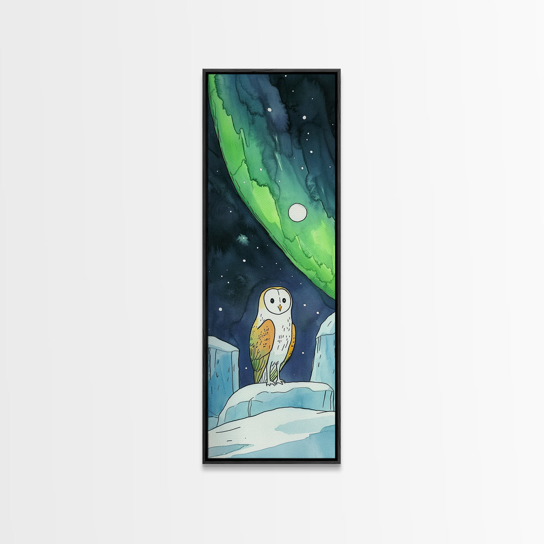 Barn Owl Under Northern Lights Canvas Print, Celestial Wall Art, Aurora Borealis Nursery Decor, Arctic Wildlife Gift For Owl Lovers