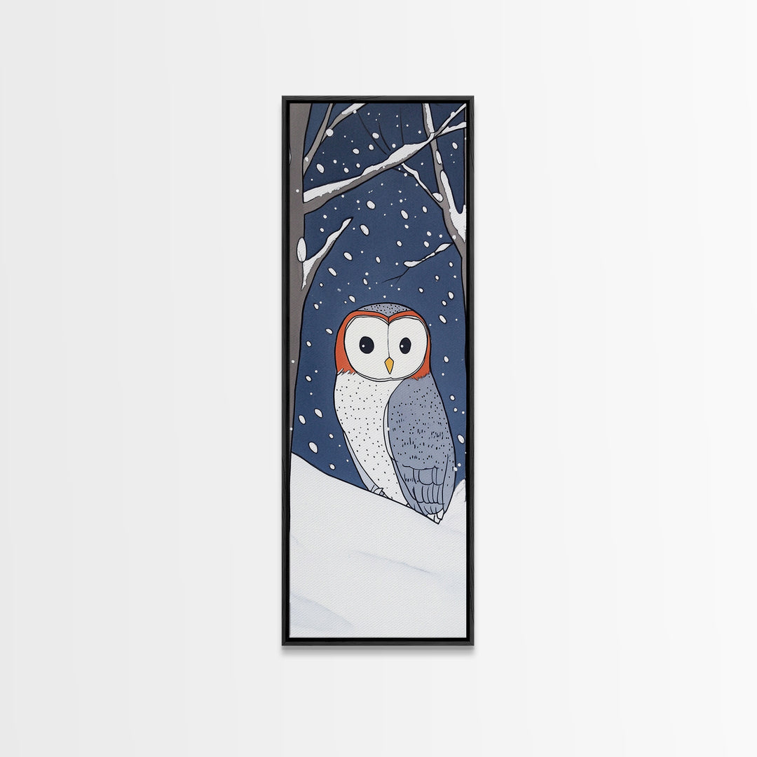 Cute Barn Owl In Snow Canvas Print, Whimsical Animal Wall Art, Winter Nursery Decor, Woodland Bird Gift For Kids Room Decor