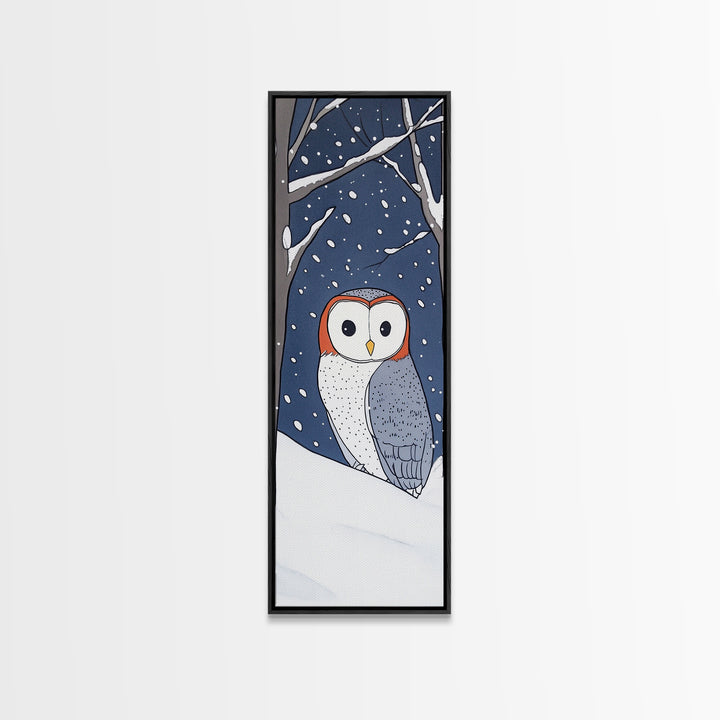 Cute Barn Owl In Snow Canvas Print, Whimsical Animal Wall Art, Winter Nursery Decor, Woodland Bird Gift For Kids Room Decor