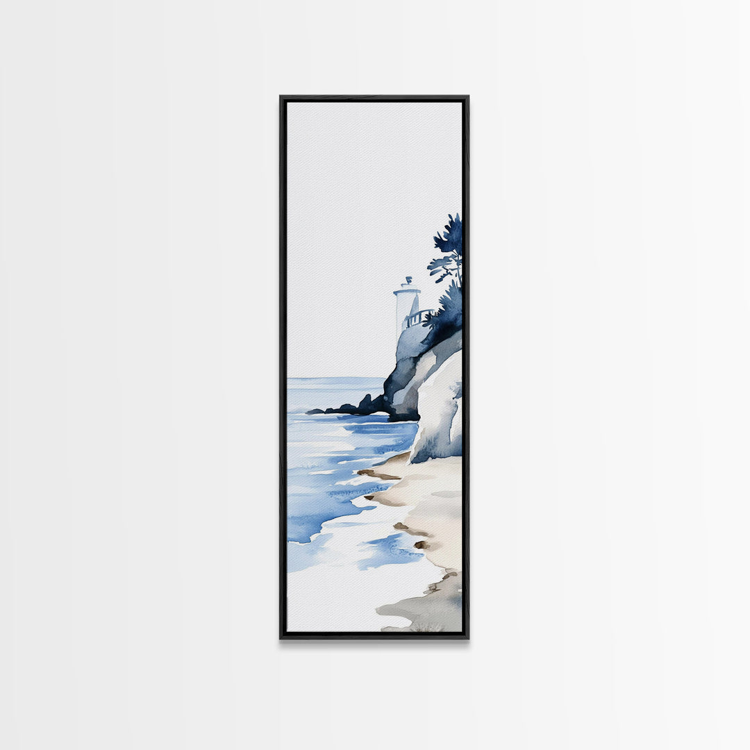 Blue Lighthouse On Cliff Canvas Print, Coastal Wall Art, Nautical Beach Decor, Ocean Landscape For Bathroom Or Living Room