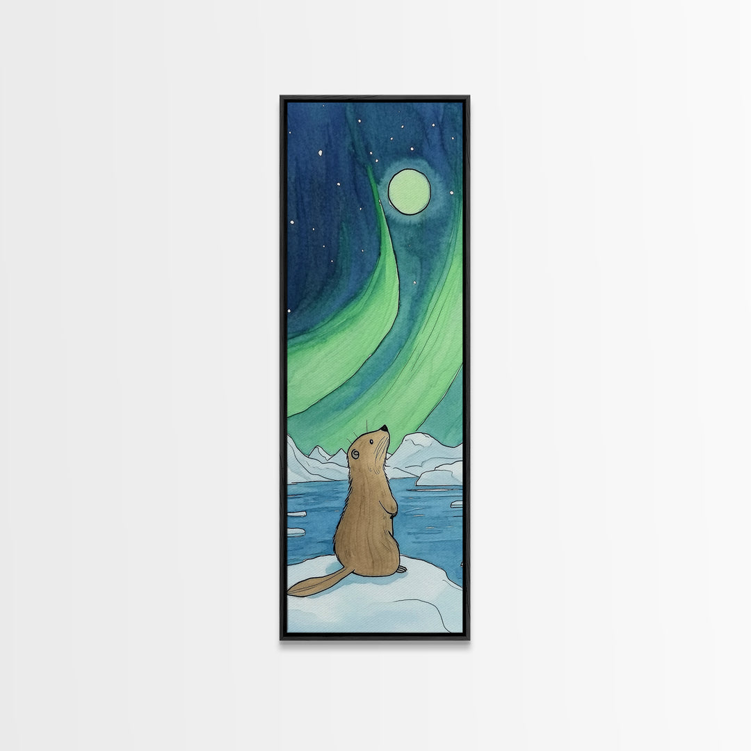 Cute Otter Northern Lights Moon Canvas Print, Whimsical Animal Wall Art, Nursery Decor, Kids Room Art, Aurora Gift For Children