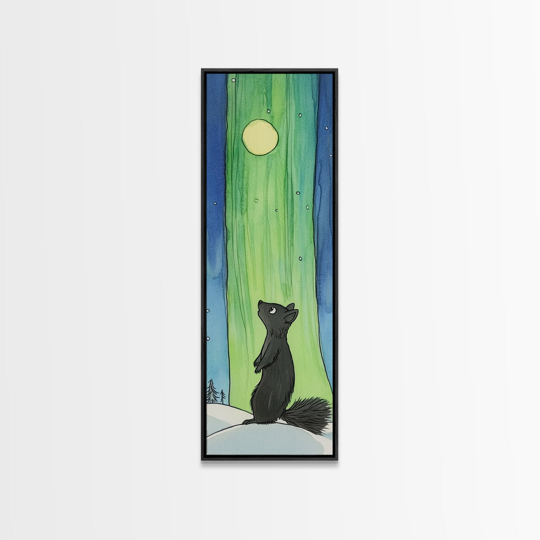 Black Squirrel Aurora Moon Canvas Print, Whimsical Animal Wall Art, Nursery Decor, Kids Room Art, Celestial Wall Decor Gift