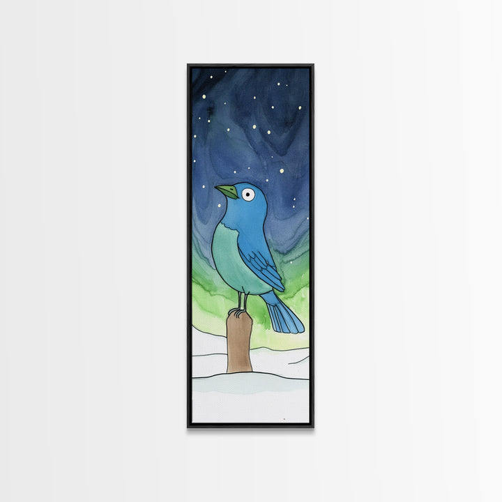 Whimsical Blue Bird In Starry Snow Canvas Print, Winter Nursery Wall Art, Kids Room Decor, Cute Animal Art, Bird Lover Gift