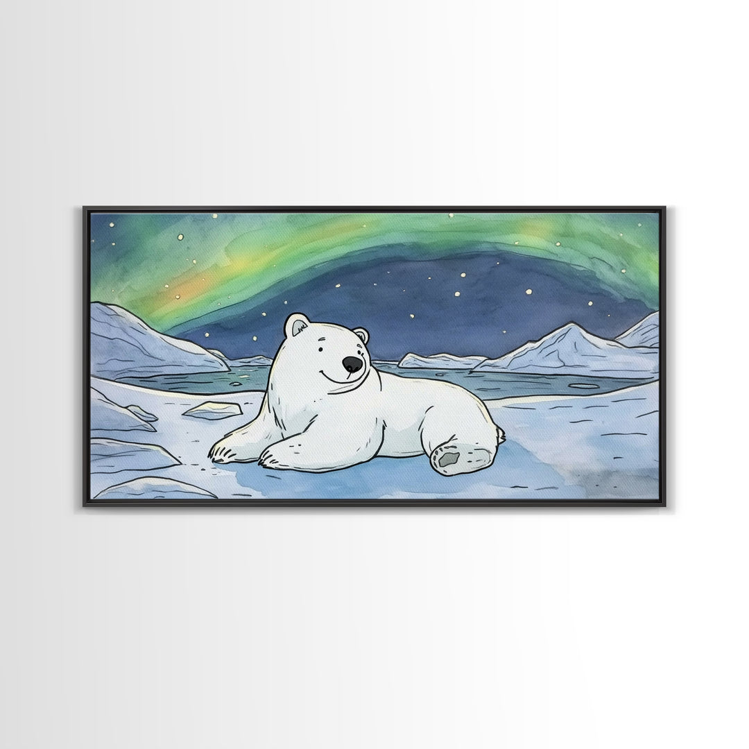 Polar Bear Under Northern Lights Wall Art, Arctic Animal Canvas Print, Nursery Decor, Wildlife Print, Winter Home Decor Gift