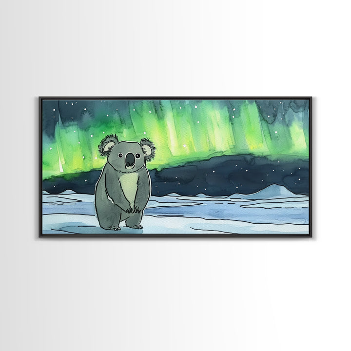 Koala Under Northern Lights Wall Art, Whimsical Animal Canvas Print, Aurora Nursery Decor, Kids Room Art, Unique Gift For Her