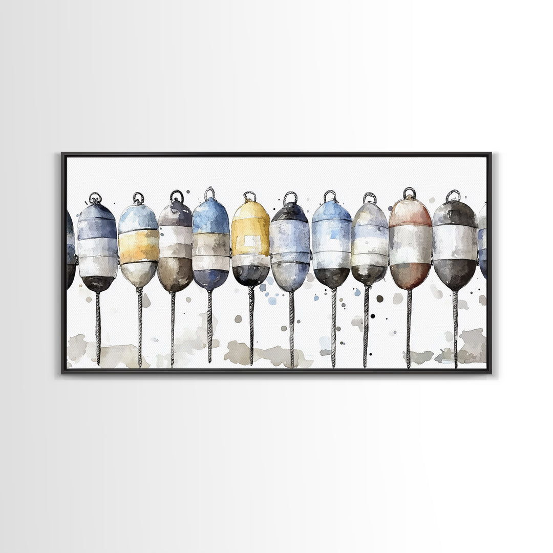 Striped Fishing Buoys Wall Art, Nautical Canvas Print, Coastal Bathroom Decor, Beach House Art, Ocean Wall Decor Gift Print