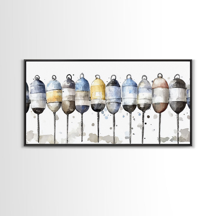 Striped Fishing Buoys Wall Art, Nautical Canvas Print, Coastal Bathroom Decor, Beach House Art, Ocean Wall Decor Gift Print