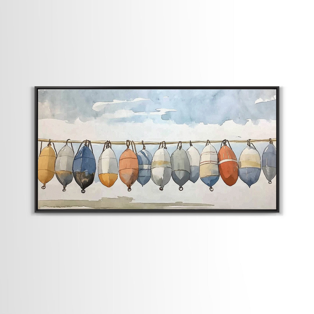 Hanging Coastal Buoys Canvas Print, Nautical Wall Art, Beach House Decor, Ocean Print, Bathroom Wall Decor, Gift For Her