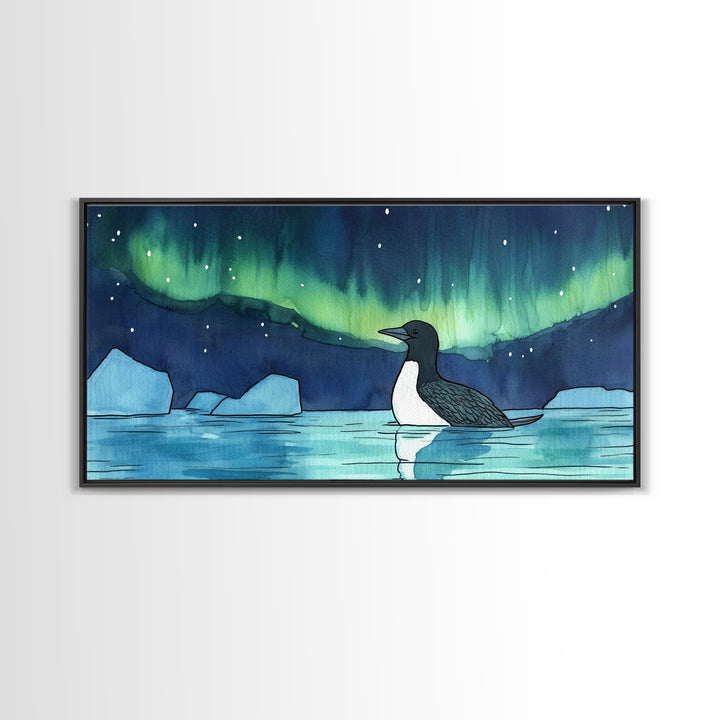 Loon Under Northern Lights Wall Art, Arctic Lake Canvas Print, Wildlife Bird Print, Coastal Nature Decor, Gift For Her, Home Decor