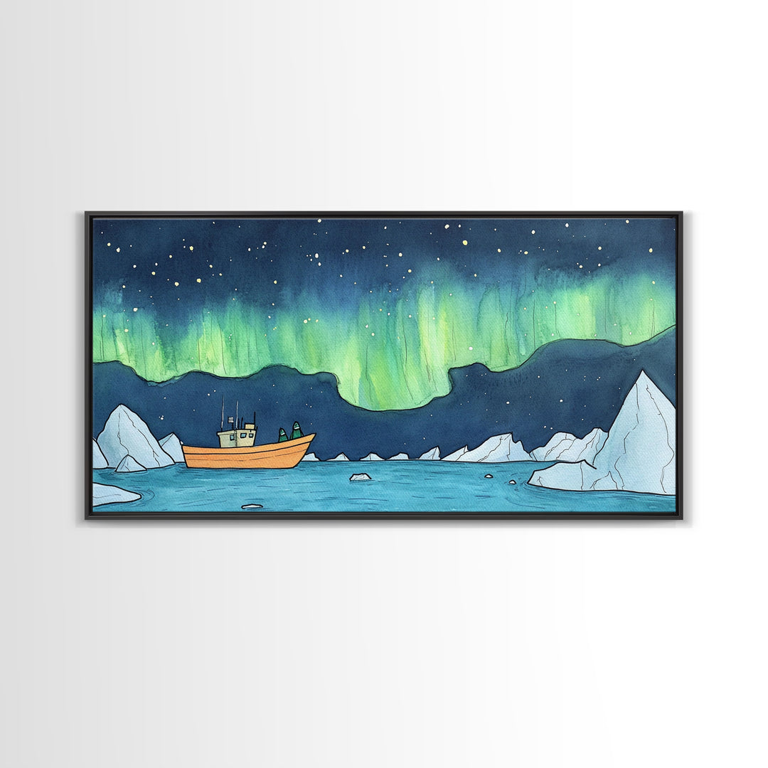 Northern Lights Boat And Iceberg Wall Art, Arctic Seascape Canvas Print, Aurora Borealis Travel Poster, Nautical Decor Gift