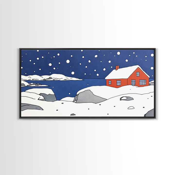 Red House On Snowy Coastal Hill Wall Art, Winter Lake Landscape Canvas Print, Scandinavian Decor, Rustic Housewarming Gift
