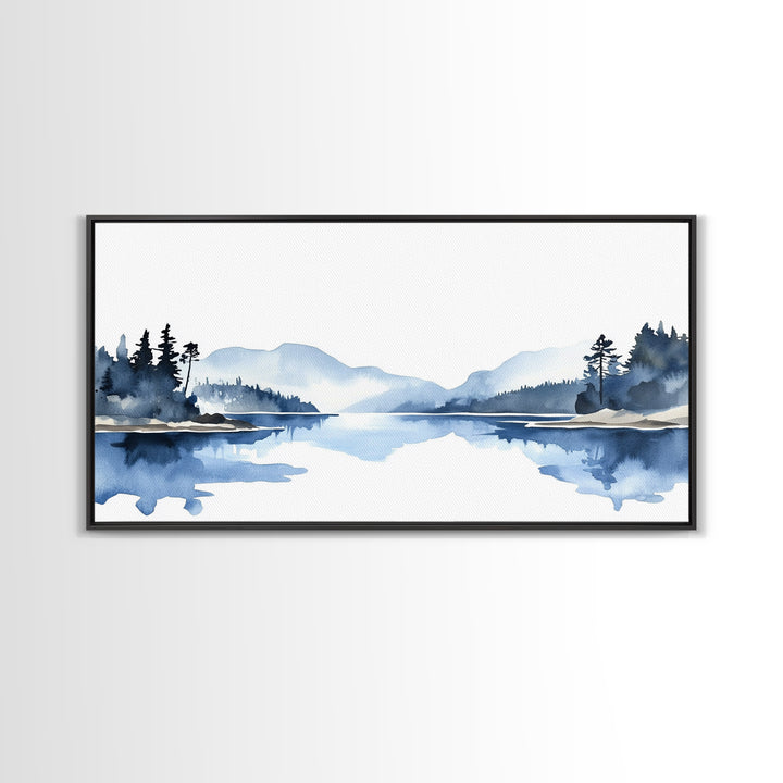 Minimal Blue Mountain Lake Wall Art, Watercolor Landscape Canvas Print, Scandinavian Nature Decor, Calm Living Room Wall Art