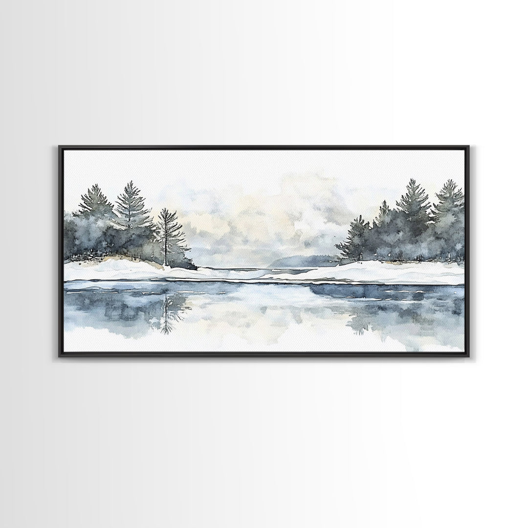 Winter Pine River Reflection Wall Art, Blue Watercolor Landscape Canvas Print, Serene Nature Living Room Decor, Lake House Gift
