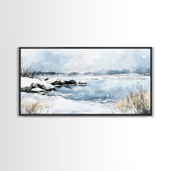 Snowy Marsh Lake With Rocks And Grass Wall Art, Winter Watercolor Landscape Canvas Print, Neutral Nature Decor, Cabin Gift