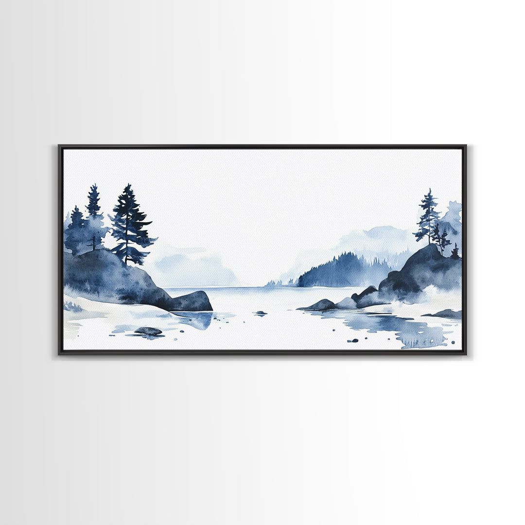Blue Rocky Lake And Pine Island Canvas Print, Watercolor Coastal Landscape, Scandinavian Wall Decor, Calm Living Room Art