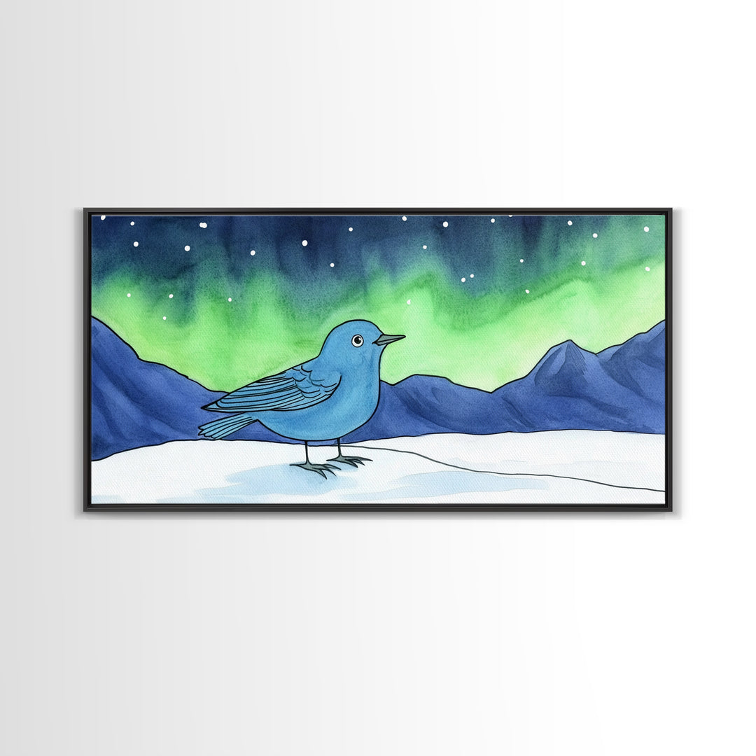 Blue Bird Under Northern Lights Canvas Print, Aurora Mountain Landscape Wall Decor For Nursery, Kids Room, Winter Home Decor