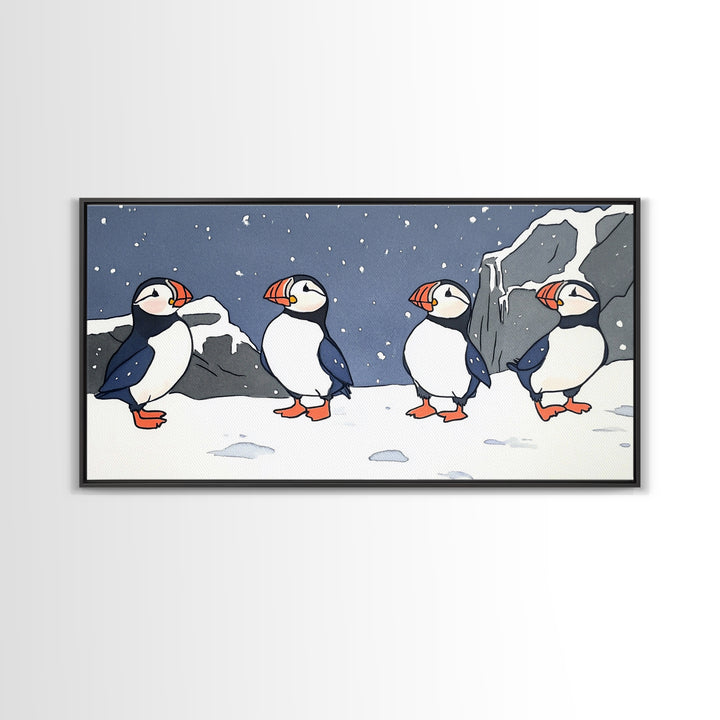 Four Puffins In Snowy Arctic Landscape Canvas Print, Whimsical Animal Wall Art For Kids Room, Nursery, Coastal Winter Decor