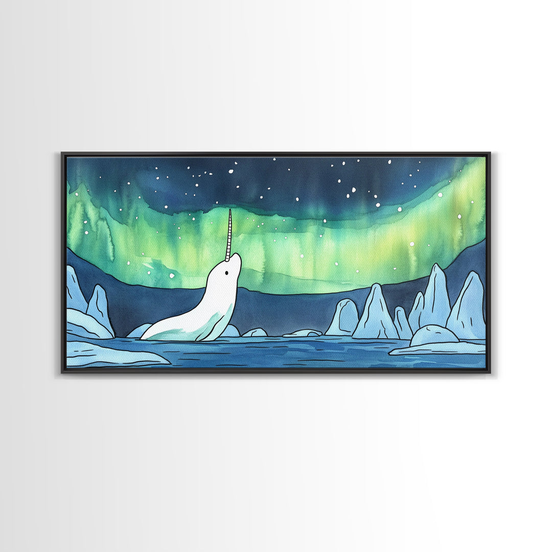 White Narwhal Under Northern Lights Canvas Print, Arctic Ocean Wall Art For Nursery, Kids Room, Coastal Decor, Fantasy Gift