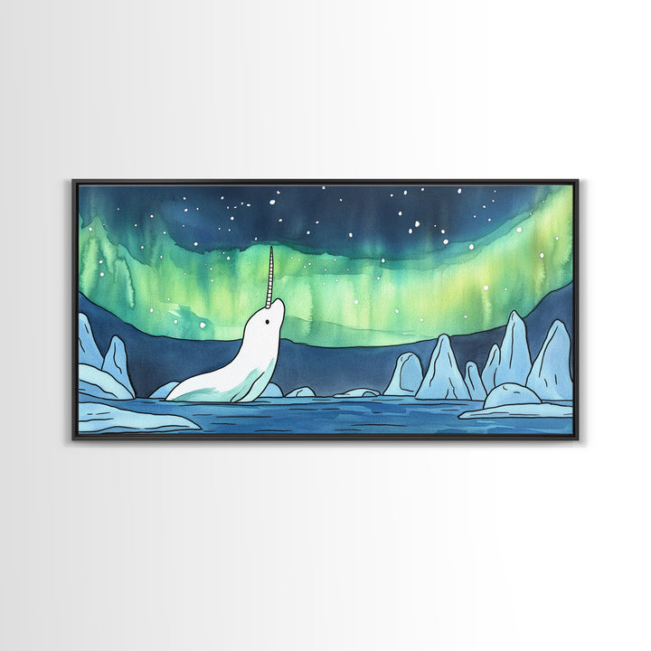 White Narwhal Under Northern Lights Canvas Print, Arctic Ocean Wall Art For Nursery, Kids Room, Coastal Decor, Fantasy Gift