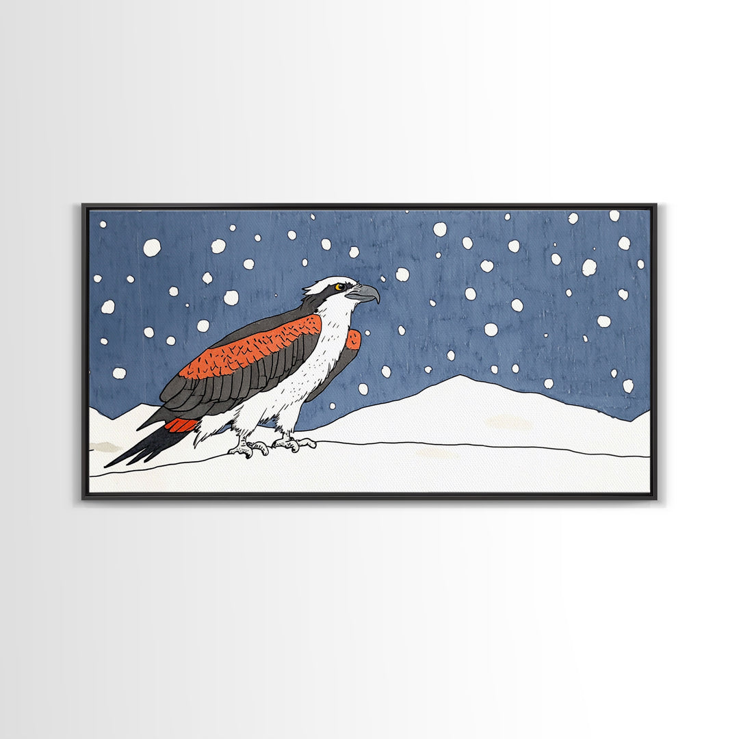 Snowy Osprey Hawk In Winter Landscape Wall Art, Bird Lover Gift, Rustic Wildlife Print, Cabin Decor Canvas Art, Nature Wall Decor