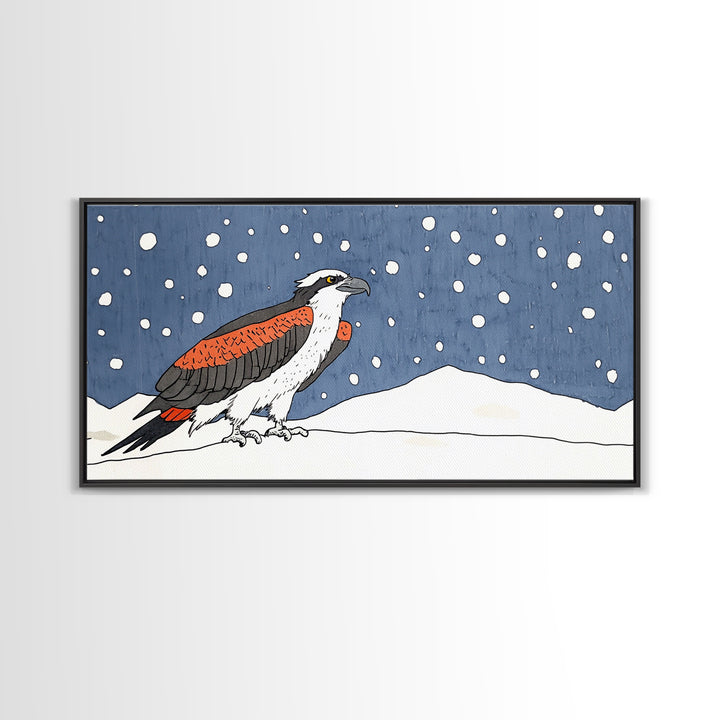 Snowy Osprey Hawk In Winter Landscape Wall Art, Bird Lover Gift, Rustic Wildlife Print, Cabin Decor Canvas Art, Nature Wall Decor