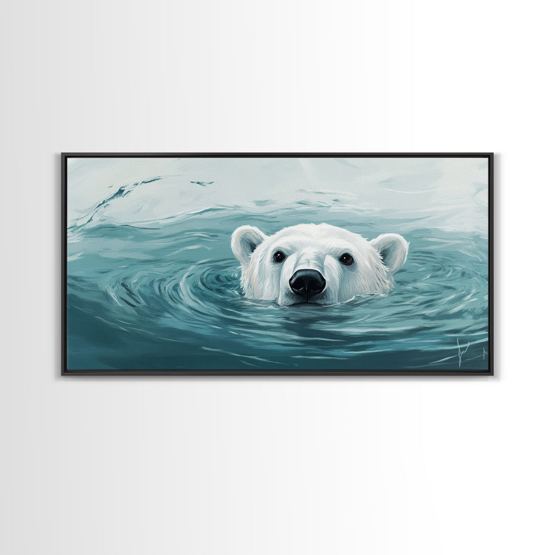 Swimming Polar Bear In Teal Water Wall Art, Arctic Wildlife Canvas Print, Ocean Animal Decor, Nursery Or Bathroom Art Print