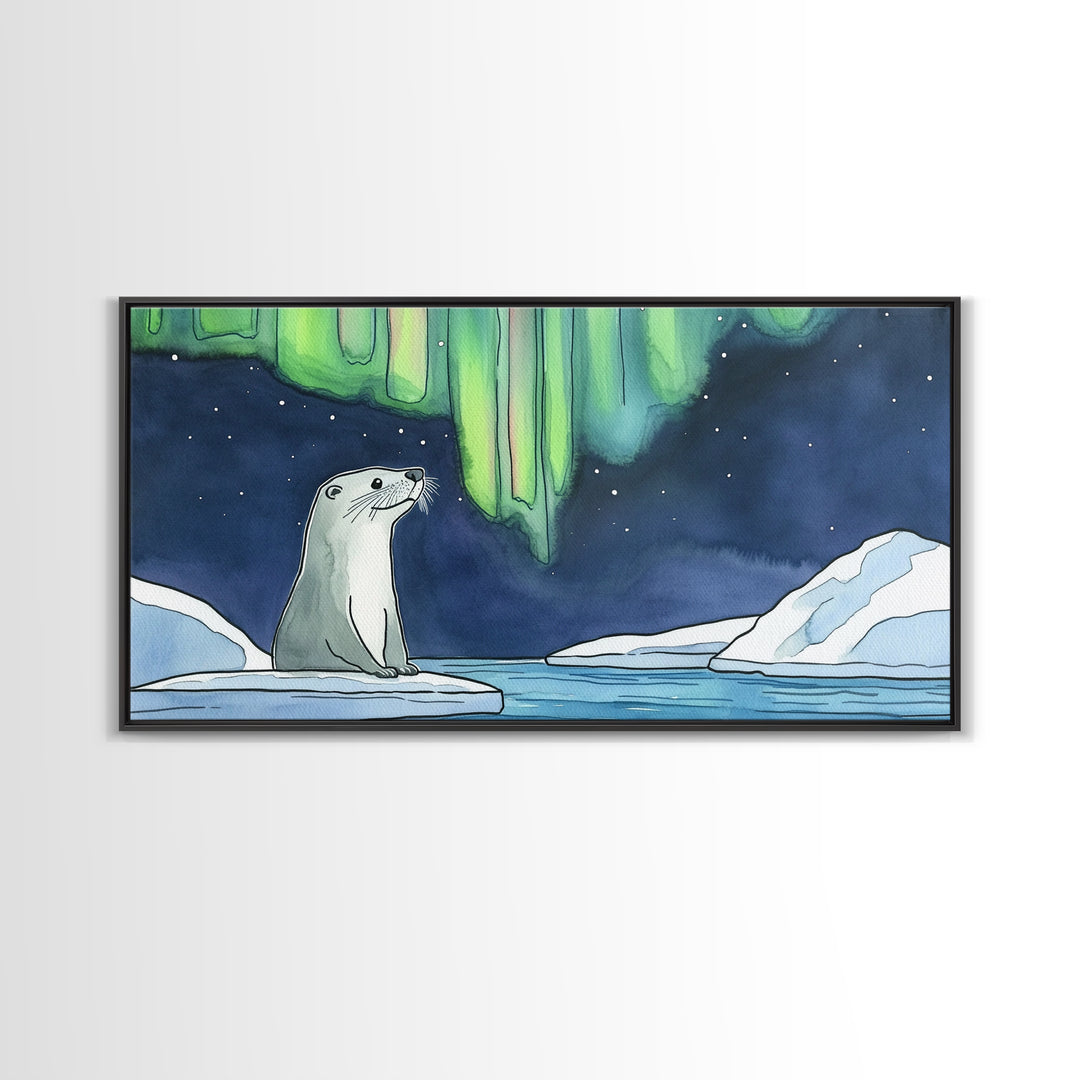Arctic Seal Under Northern Lights Wall Art, Aurora Ocean Animal Print, Whimsical Nursery Decor, Coastal Canvas Print, Housewarming Gift