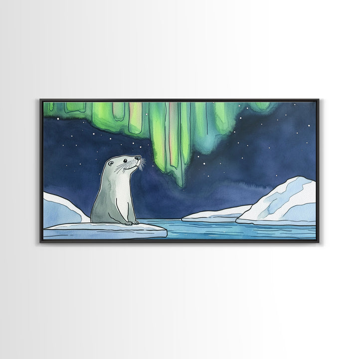 Arctic Seal Under Northern Lights Wall Art, Aurora Ocean Animal Print, Whimsical Nursery Decor, Coastal Canvas Print, Housewarming Gift