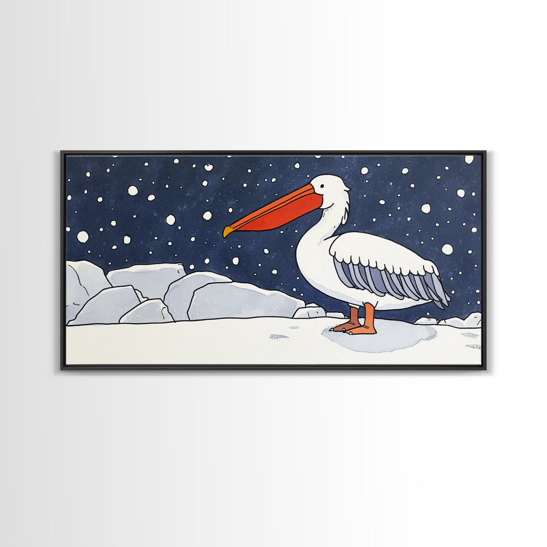 Snowy White Pelican On Ice Framed Canvas Print, Arctic Bird Wall Decor, Coastal Wall Art, Nursery Art, Gift For Her, Kids Room Decor