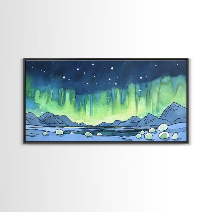 Northern Lights Over Arctic Mountains Wall Art, Aurora Landscape Print, Nature Wall Decor, Large Canvas Print, Office Decor