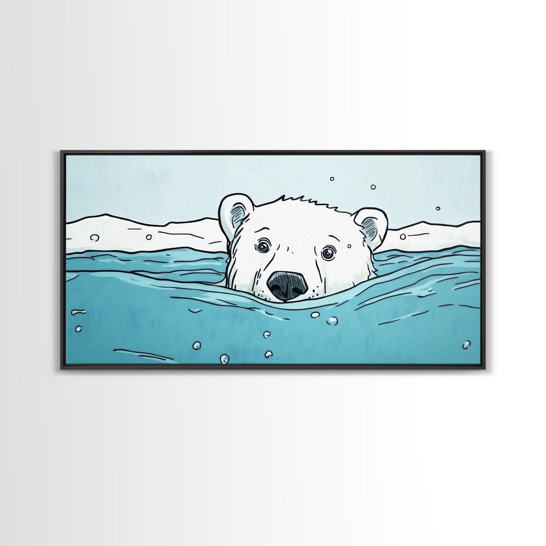 Polar Bear Swimming In Icy Water Wall Art, Arctic Animal Print, Nursery Wall Art, Kids Room Decor, Coastal Canvas Print Gift