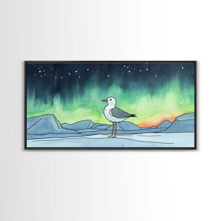Arctic Seagull Under Aurora Sky Wall Art, Northern Lights Print, Coastal Bird Decor, Nature Wall Art, Framed Canvas Print