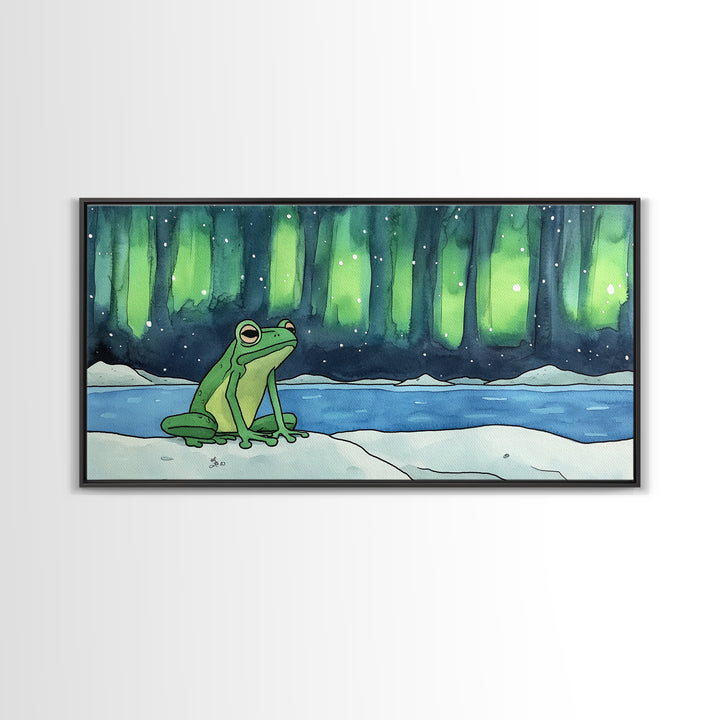 Green Frog Under Northern Lights Wall Art, Whimsical Animal Art Print, Aurora Borealis Nursery Decor, Kids Room Housewarming Gift