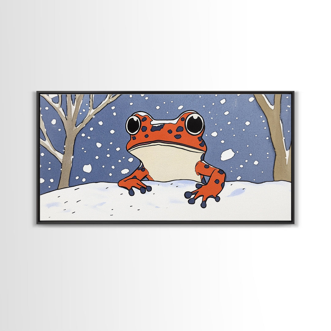 Orange Spotted Frog In Snowy Forest Wall Art, Whimsical Animal Print, Winter Nursery Decor, Cute Kids Room Canvas Art Housewarming Gift