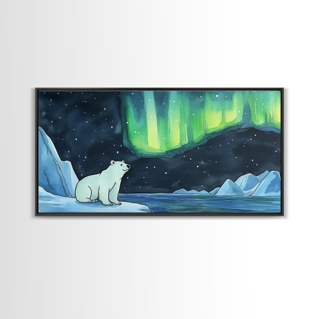 Polar Bear Beneath Northern Lights Wall Art, Arctic Landscape Canvas Print, Wildlife Nursery Decor, Cozy Winter Housewarming Gift