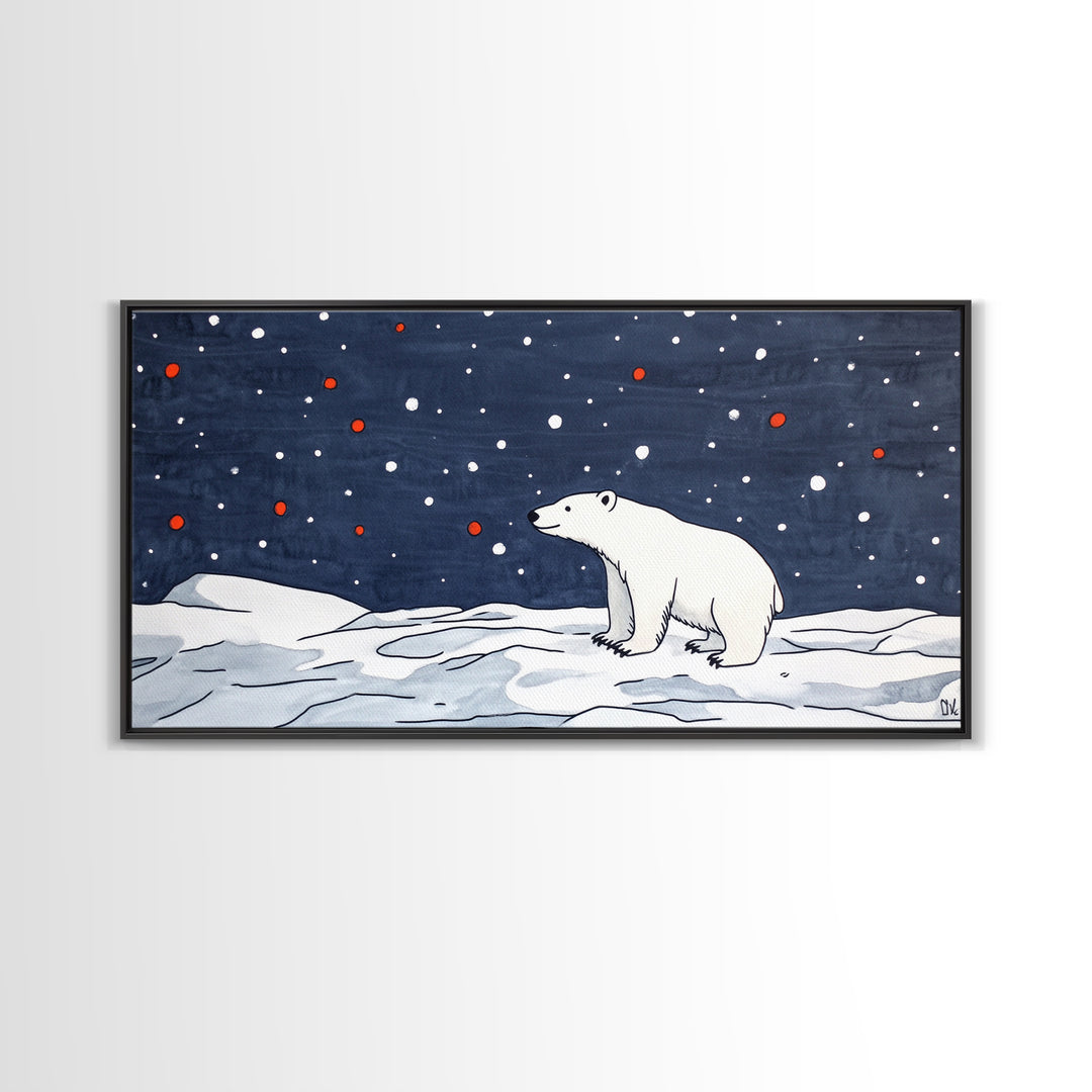 Minimal Polar Bear Snow Scene Wall Art, Arctic Wildlife Illustration, Kids Room Decor, Modern Nursery Canvas Print Gift Idea
