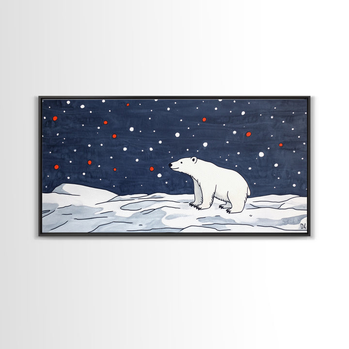 Minimal Polar Bear Snow Scene Wall Art, Arctic Wildlife Illustration, Kids Room Decor, Modern Nursery Canvas Print Gift Idea