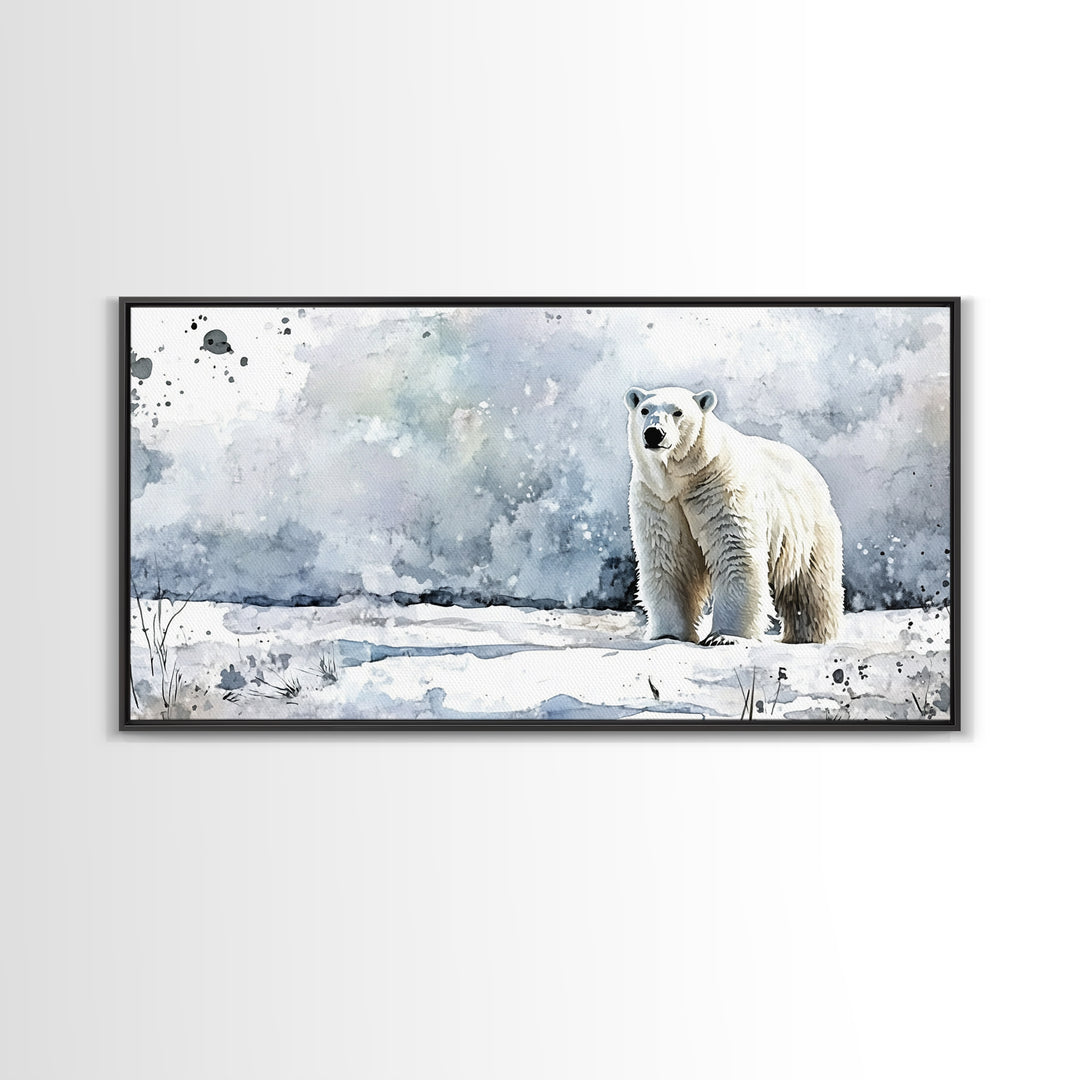 Standing Polar Bear In Snowy Tundra Wall Art, Watercolor Wildlife Print, Arctic Animal Decor, Large Canvas Housewarming Gift